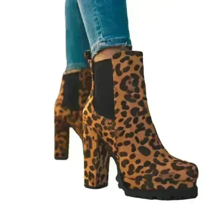 Round-toe Ankle Boots Solid Leopard Print Thick Square High Heel Shoes Ladies Casual Fashion Autumn Winter Suede Dress Party Boots - EX-STOCK CANADA