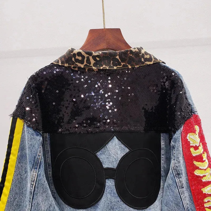 Single Breasted Embroidered Leopard Collar Denim Jacket Women - EX-STOCK CANADA