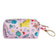 Pink pouch with colorful designs on a white background
