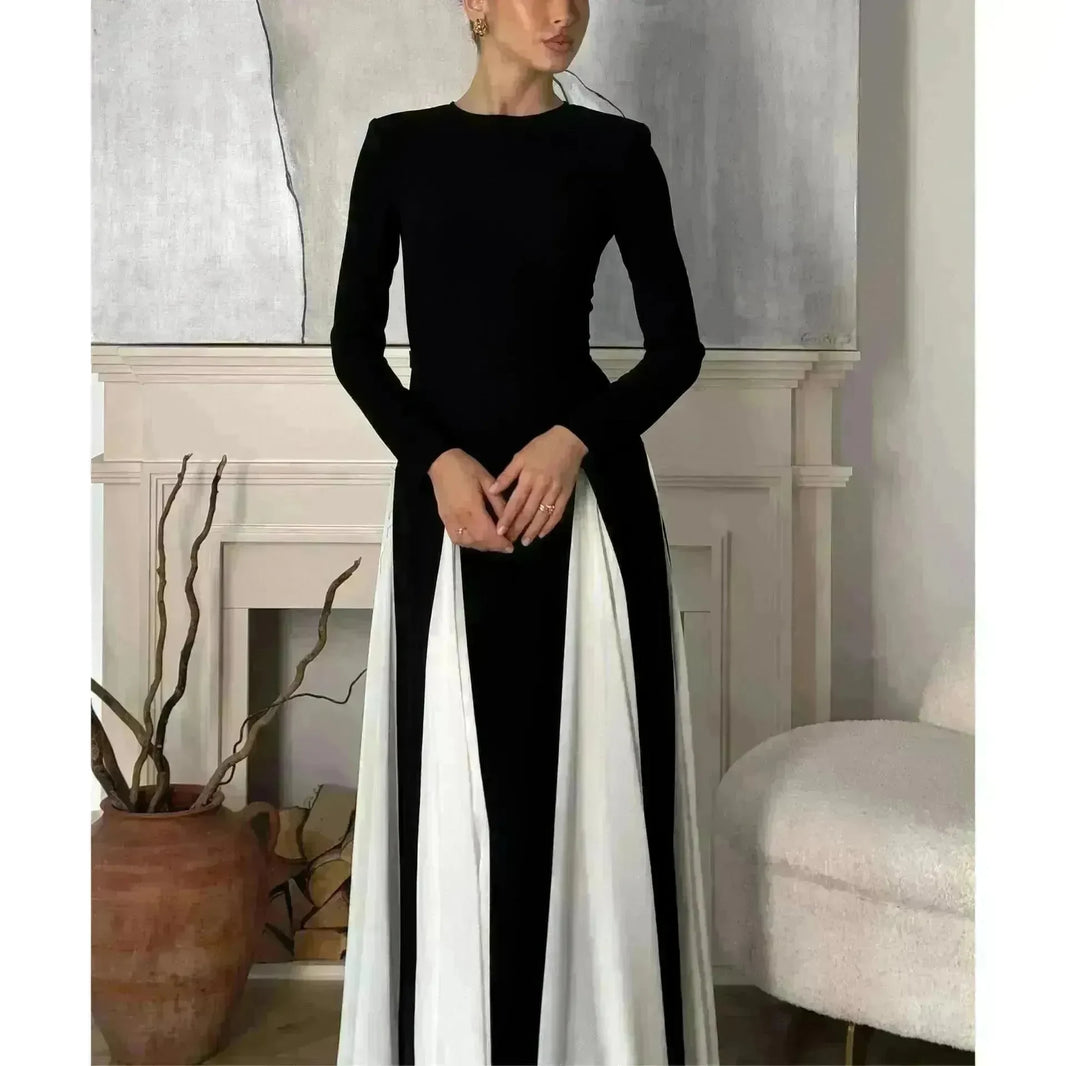Luxury Classy Women's Black And White Stitching Long Sleeve Dress  Long Skater Dress Flared Dress for Wedding  Evening Party Cocktail Dress - EX-STOCK CANADA