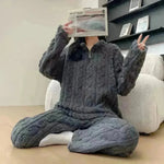 Autumn And Winter New Twist Zipper Couple Fleece-lined Thick Coral Fleece Pajamas Homewear Loungewear Sleepwear For Sleeping - EX-STOCK CANADA