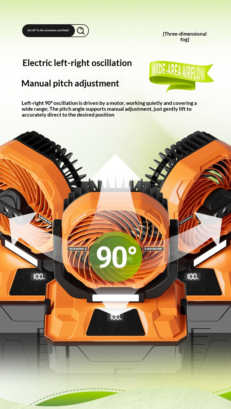 An orange and black electric lawn mower deck cover or blade guard shown in a promotional graphic with text about left-right oscillation and manual pitch adjustment, plus a green 'Wide-Area Airflow' banner.
