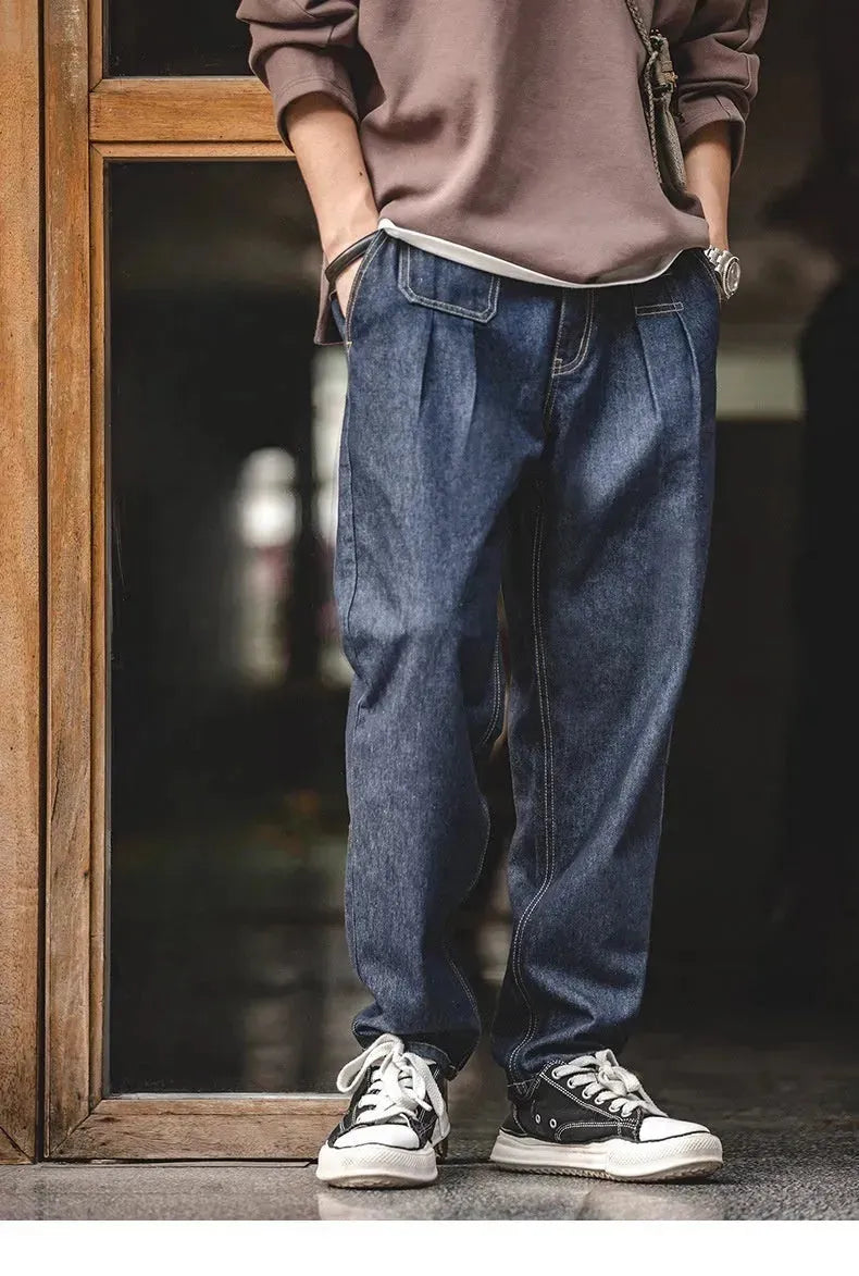 Vintage Denim Washed Elastic Waist Loose Jeans Cityboy Wide Leg Tapered Pants Men - EX-STOCK CANADA