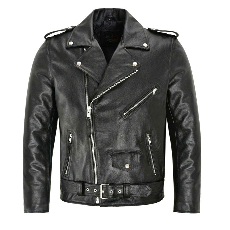 Black leather jacket with zippers on a light gray background