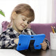 Child using a blue tablet stand with colorful pencils and books in the background