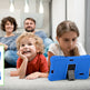 Family of four with two children using a blue tablet in a living room.