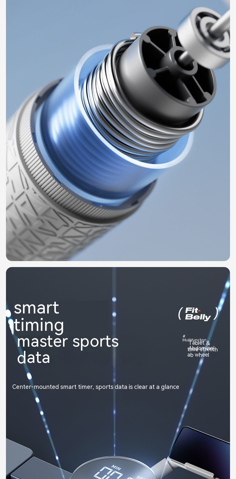 A close-up product shot of a fitness tracker or smart watch band with a metallic silver textured outer shell and a blue inner ring, shown against a light blue background. The lower panel shows a dark promotional layout with text reading 'smart timing master sports data' and a small 'Fit Belly' logo.