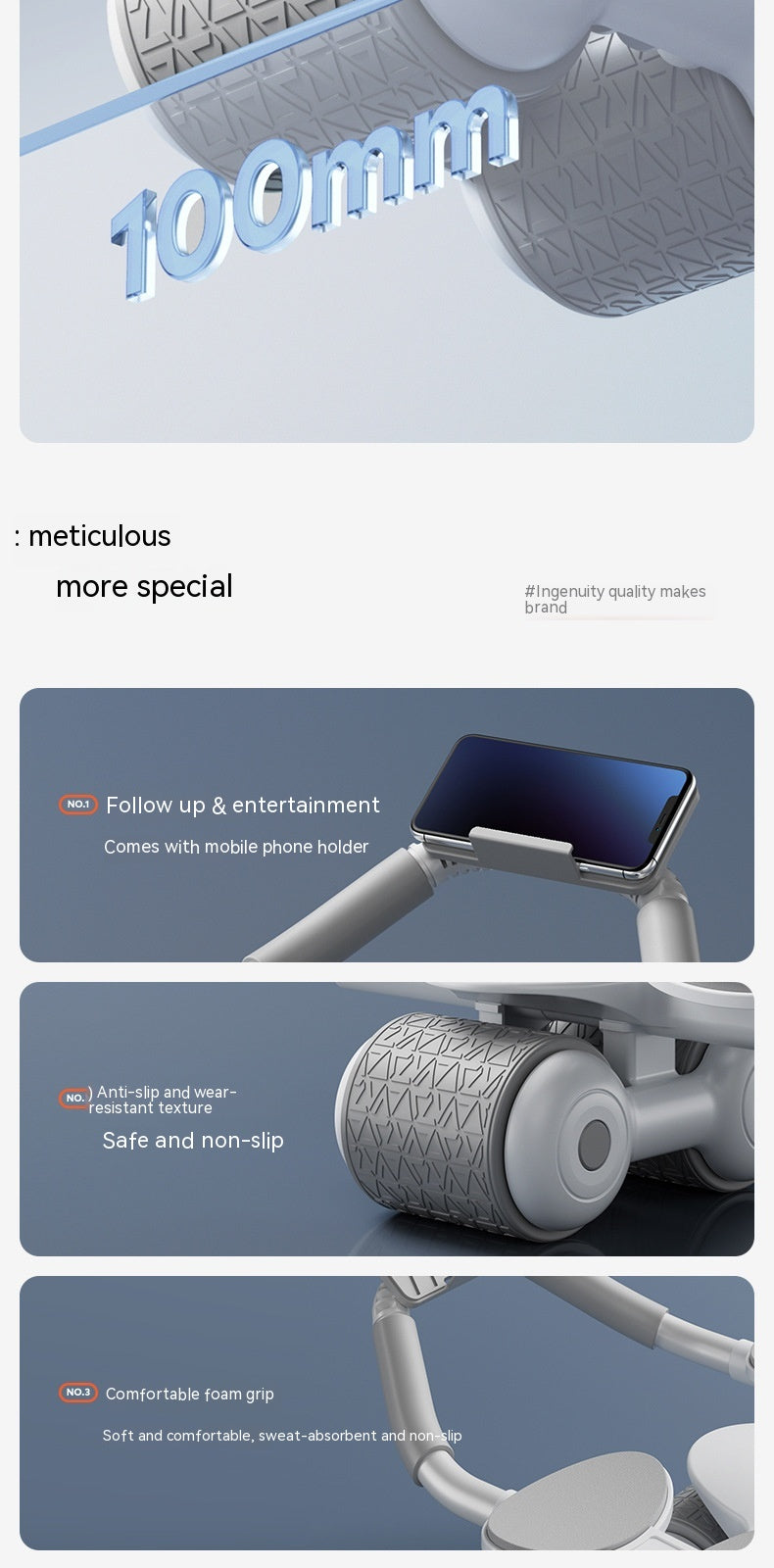 A promotional infographic for a gray textured gym roller attachment, showing a close-up of the 100mm roller, a phone holder attachment, and a close-up of the grip, with descriptive text on a blue-gray background.