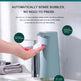 Hand soap dispenser with text about automatic bubble sensing and ease of use.