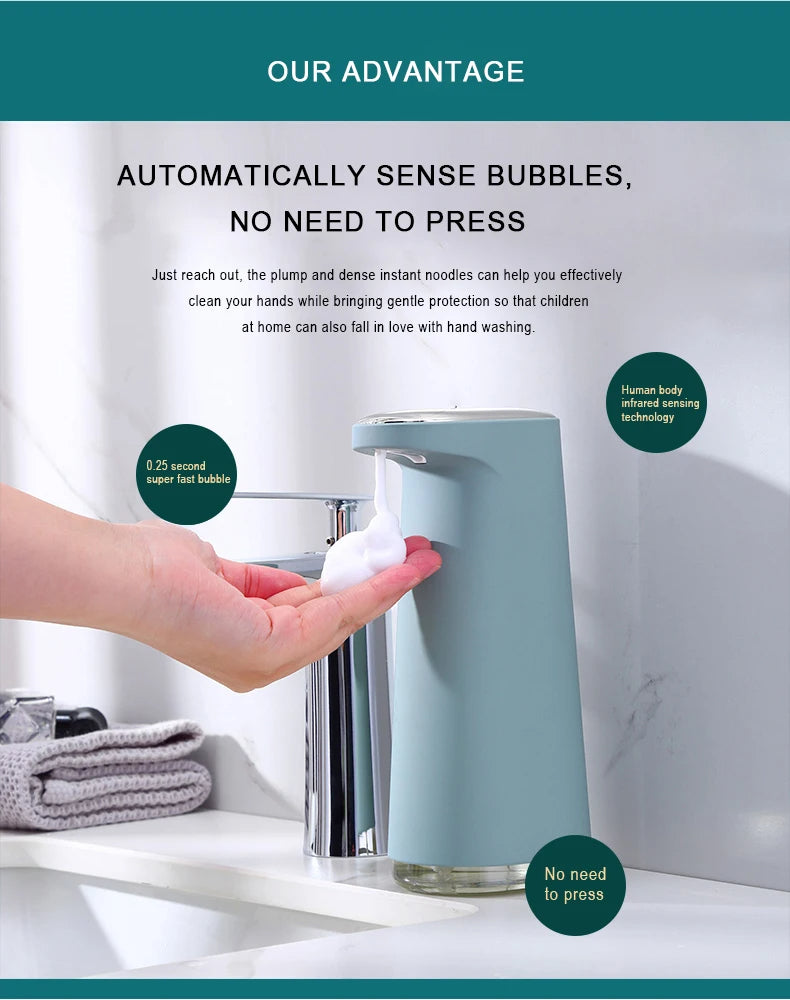 Hand soap dispenser with text about automatic bubble sensing and ease of use.