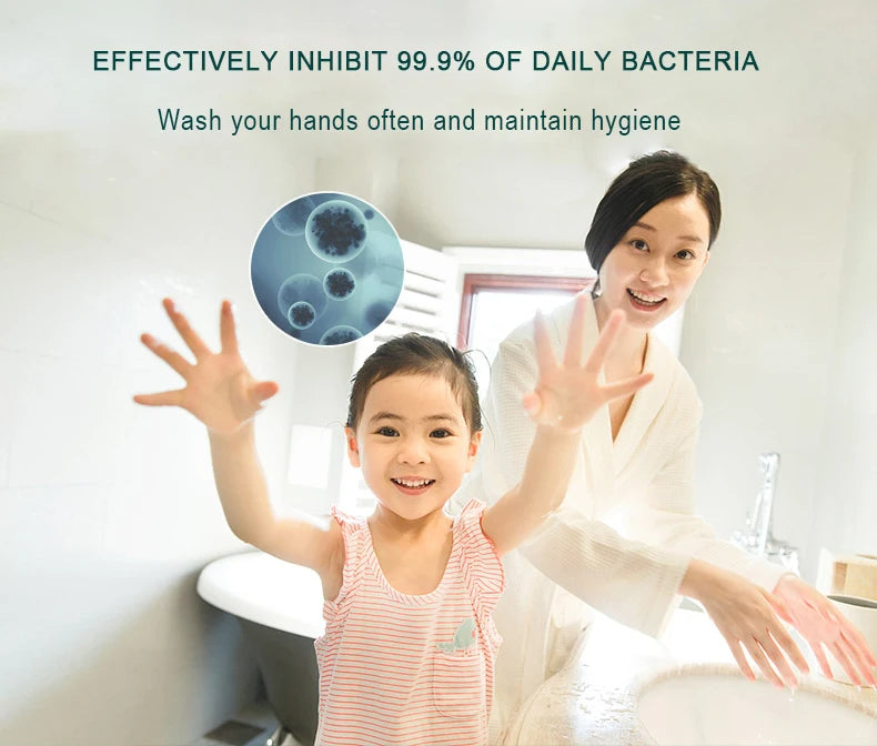 Woman and child washing hands with text about hand hygiene and bacteria reduction.