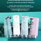 Four different colored soap dispensers with water splashes on a teal background, featuring text about the machine's IPX4 waterproof rating.