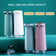 Set of four small, cylindrical devices with different colors on a teal background, featuring text about capacity and usage.