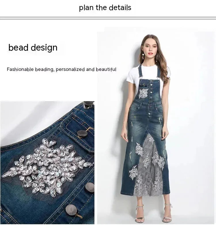 Embroidered Lace Denim Midi Jumper Dress European and American Style - EX-STOCK CANADA