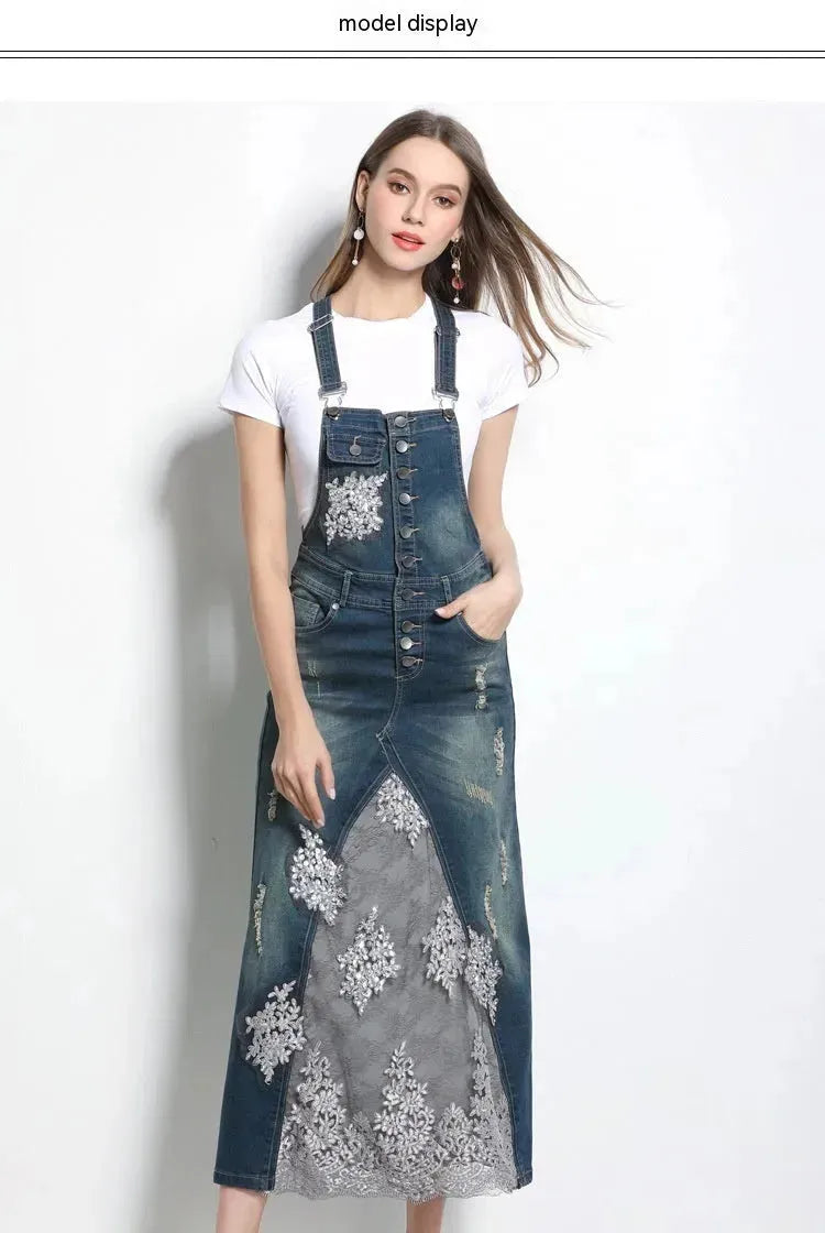Embroidered Lace Denim Midi Jumper Dress European and American Style - EX-STOCK CANADA