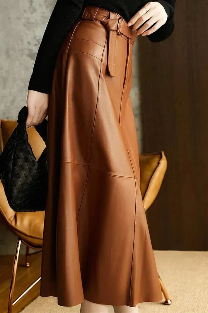 Fashion Retro All-match A- Line High Waist  Formal Office Work Midi Faux Leather Skirt - EX-STOCK CANADA