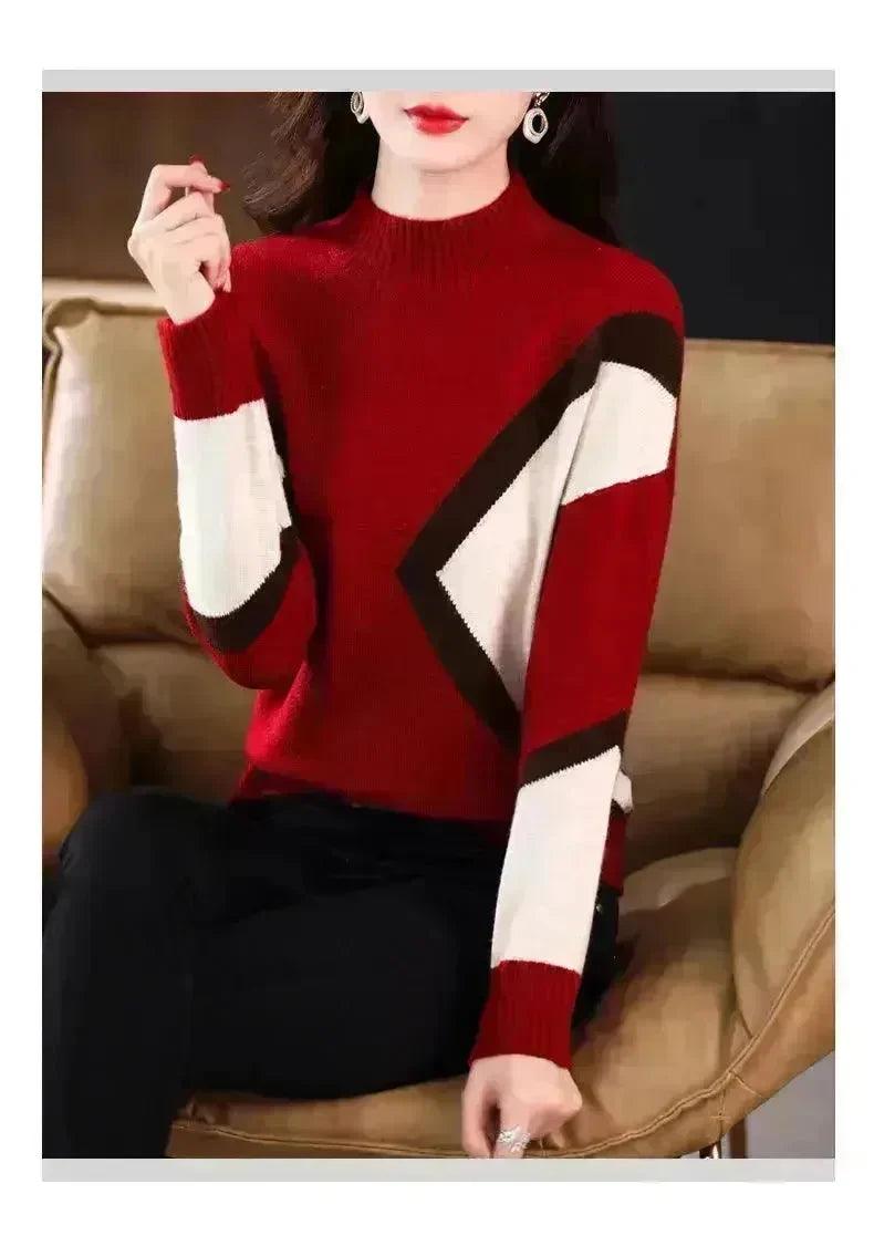 Women's Colour-Block Mock-Neck Sweater | Beige Camel, Green, Camel, Brown & Red | One Size 