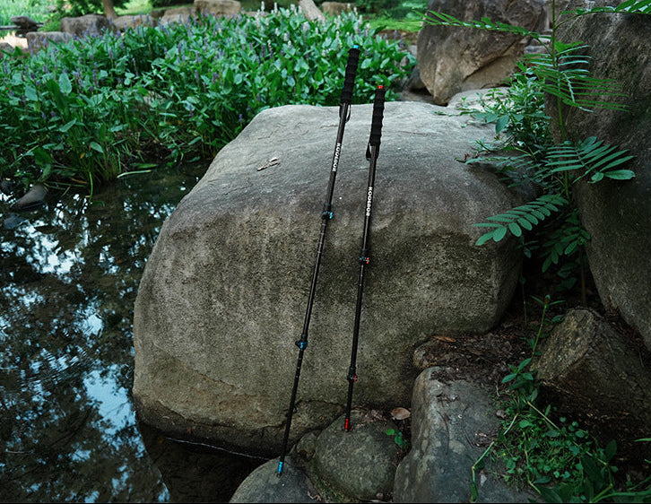 Two black fishing rods with red and blue accents leaning against a large stone in a natural outdoor setting with water, rocks, and green plants.