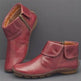 Pair of red leather ankle boots with a zipper on a gray background