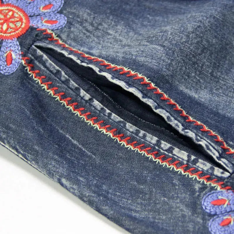 Elegant Classy Long Sleeve Denim dress with belt Flared Embroidered Jeans Dress - EX-STOCK CANADA