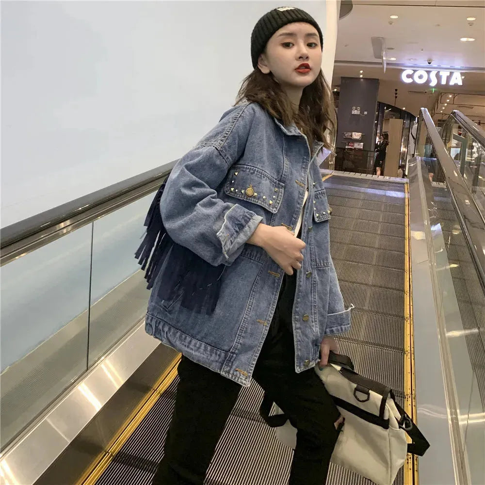 Elegant women Oversized Embroidered Tassel Fringe Denim Jacket - EX-STOCK CANADA