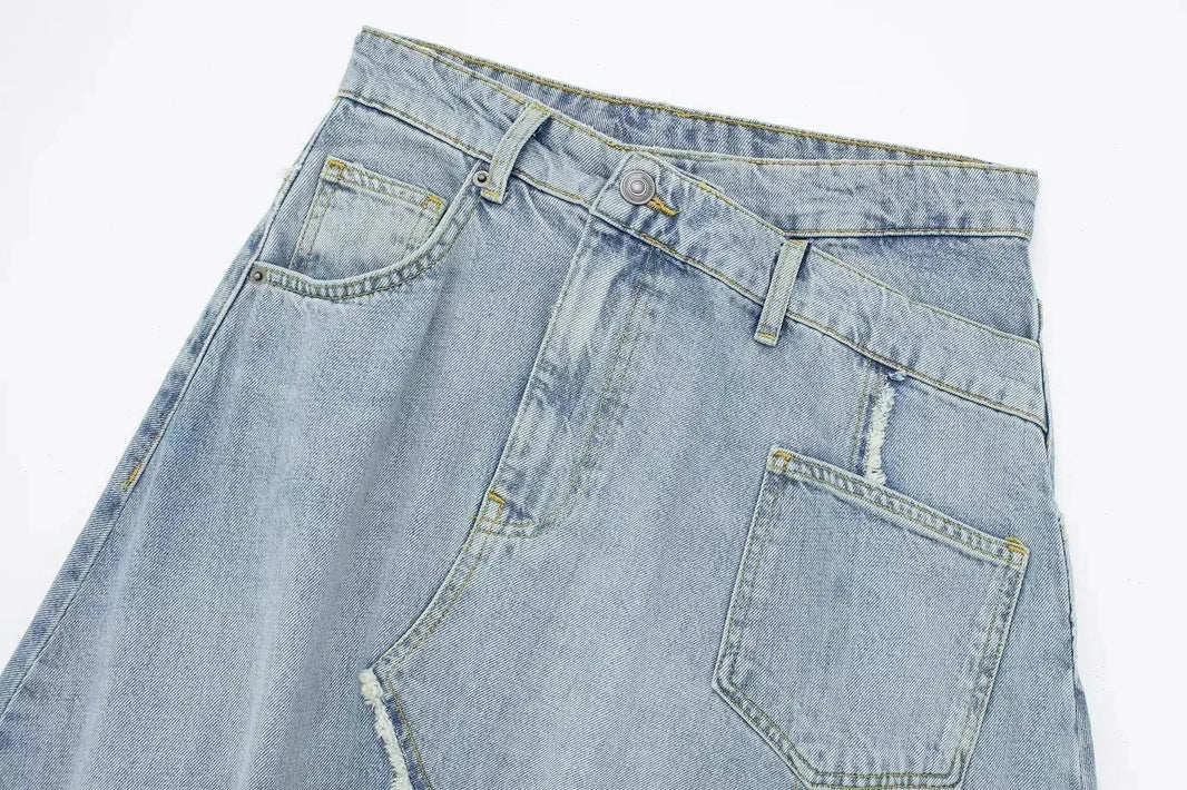 Fashionable Asymmetric High Waist Midi Denim Split Skirt - EX-STOCK CANADA