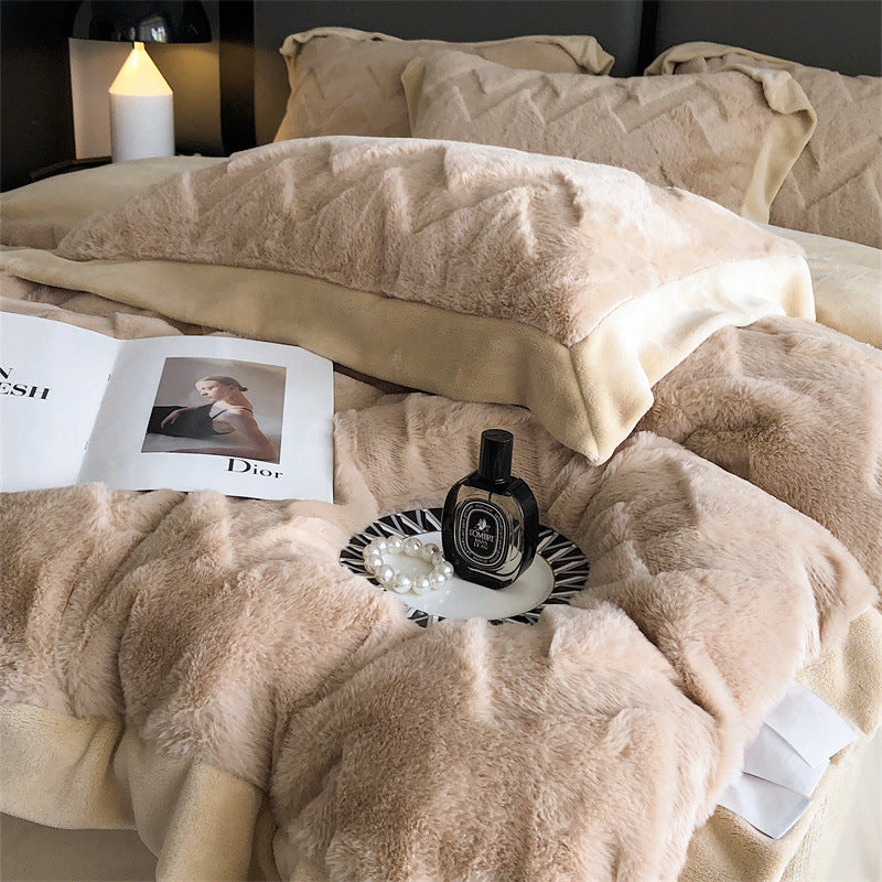 A Four Piece Set Of Rabbit Hair And Milk Velvet Duvet Cover On A Baby Plush Bed EX-STOCK Canada 
