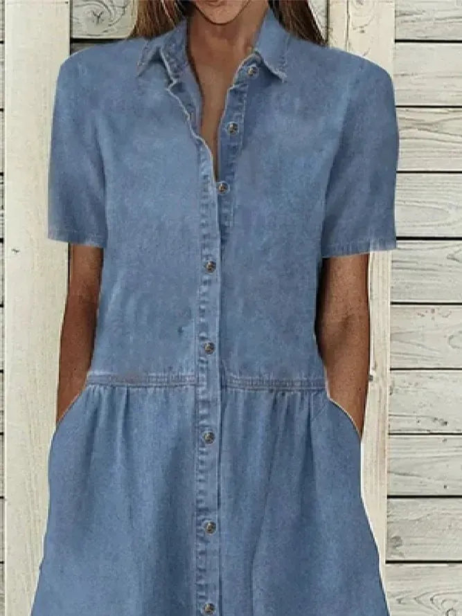 Women's European And American Lapel Casual loose button down Midi Denim jeans Mum Dress - EX-STOCK CANADA