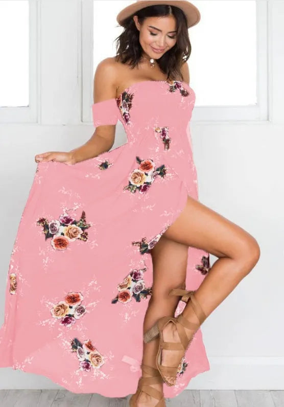 Elegant Ladies Summer Boho Vacation Resort Slit Maxi dress off shoulder Long floral Beach summer slit dress - EX-STOCK CANADA