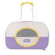 Pet carrier with purple and yellow design on a white background