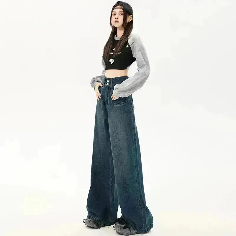 New Simple High Waist Casual Straight-leg Baggy Jeans Pant For Women - EX-STOCK CANADA