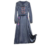 Elegant Classy Long Sleeve Denim dress with belt Flared Embroidered Jeans Dress - EX-STOCK CANADA