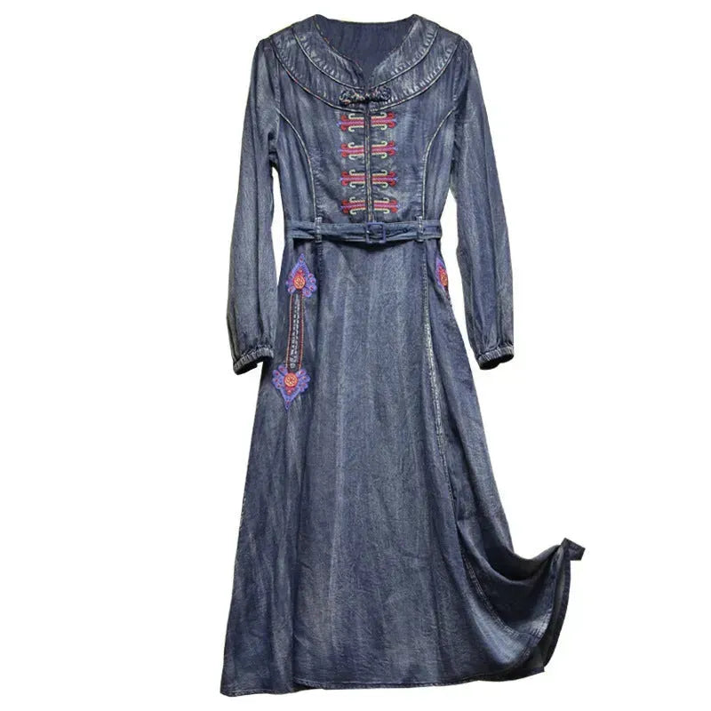 Elegant Classy Long Sleeve Denim dress with belt Flared Embroidered Jeans Dress - EX-STOCK CANADA