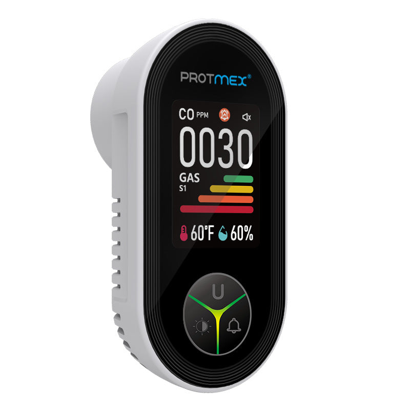 Protmex gas detector with digital display on a white background