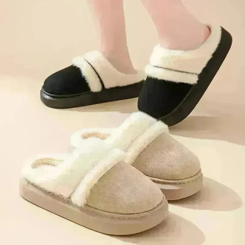 Fashion Warm Cotton Slippers For Women Leisure Thick Bottom Non-slip Plus-velvet House Shoes Winter Bedroom Floor Suede Slipper - EX-STOCK CANADA