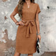 tie belt dress & Elegant V Neck Short Sleeve Casual Summer EX-STOCK