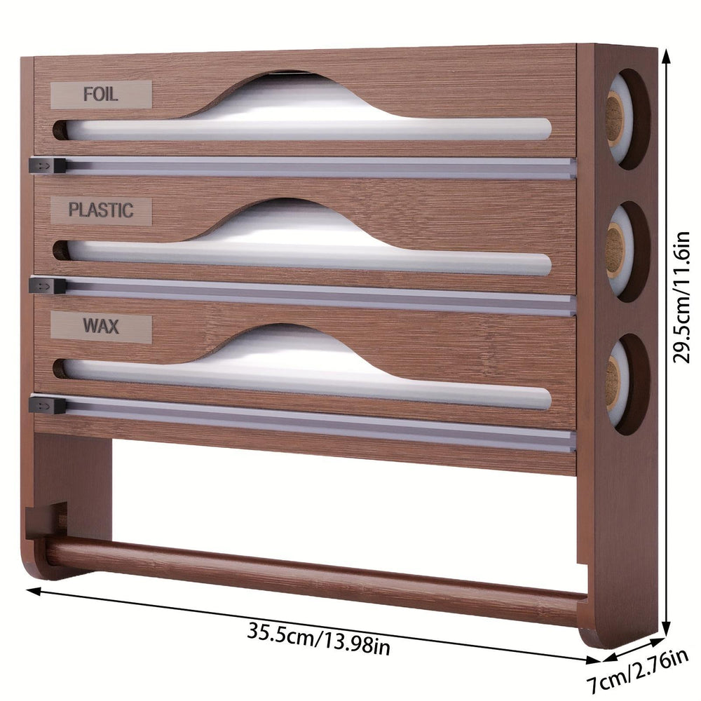 Bamboo Plastic Wrap Cutter With Paper Towel Holder Kitchen Wall-mounted Tinfoil Cutter With Three-grid Cutter And Paper Towel Storage Rack EX-STOCK