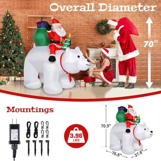 6ft 15W 7pcs LED Lights Santa Claus Rides Polar Bear Garden Santa Claus Decoration EX-STOCK Canada 