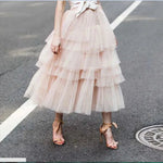 Summer Long Wave Ruffle Layered Ruched High Waist Midi tulle Skirt - EX-STOCK CANADA