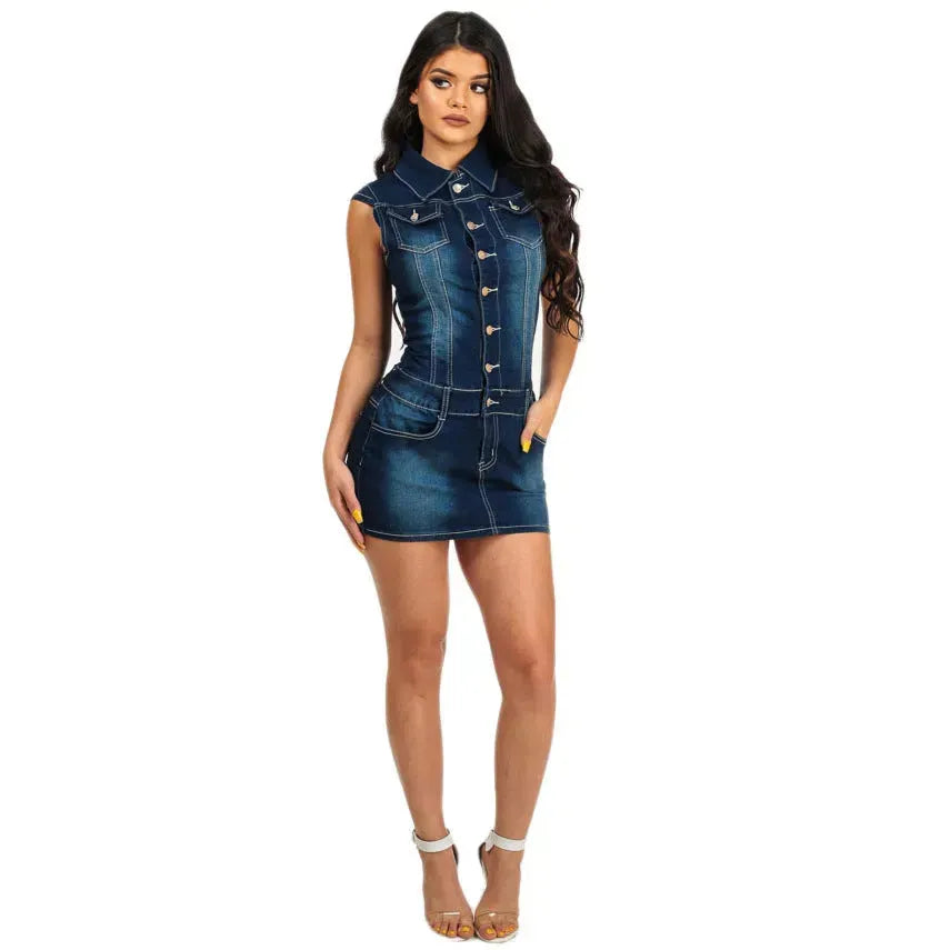 Chic Club Mini Jeans Dress Button down short sleeve Denim Hip dress