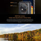 Phone camera specifications with a scenic lake and trees background