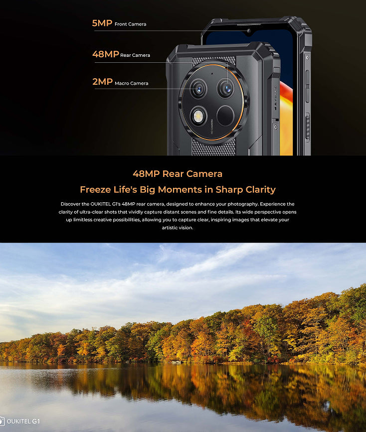 Phone camera specifications with a scenic lake and trees background