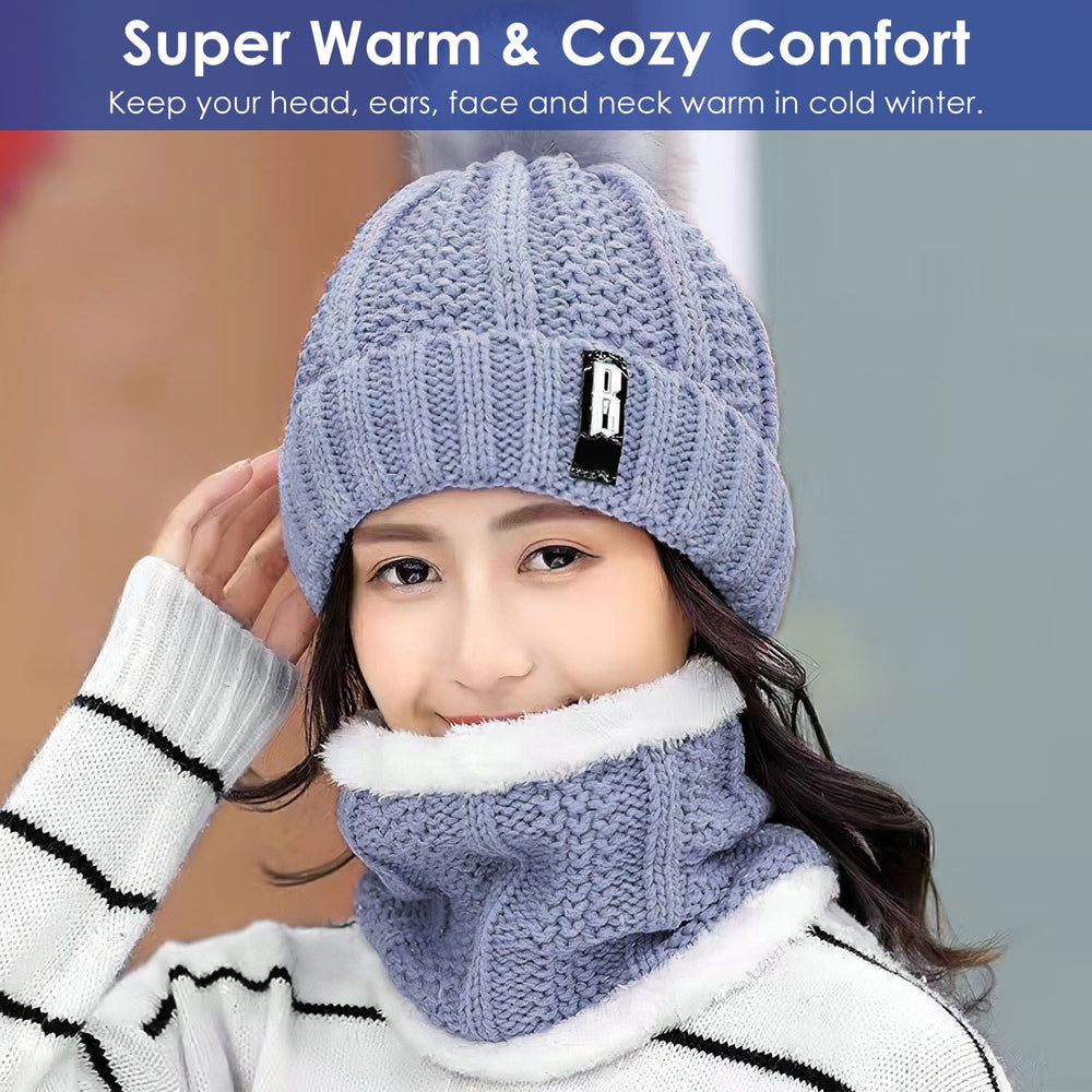 1Set Winter Beanie Hat Scarf Set Women Warm Knitting Skull Cap Neck Warmer For Walking Running Hiking Camping Outdoors Gift EX-STOCK