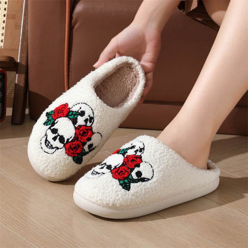 Halloween Skull Rose Slippers Winter Warm Indoor Floor Bedroom Home Slipper For Women EX-STOCK