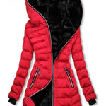 Red puffer coat with black interior on a white background