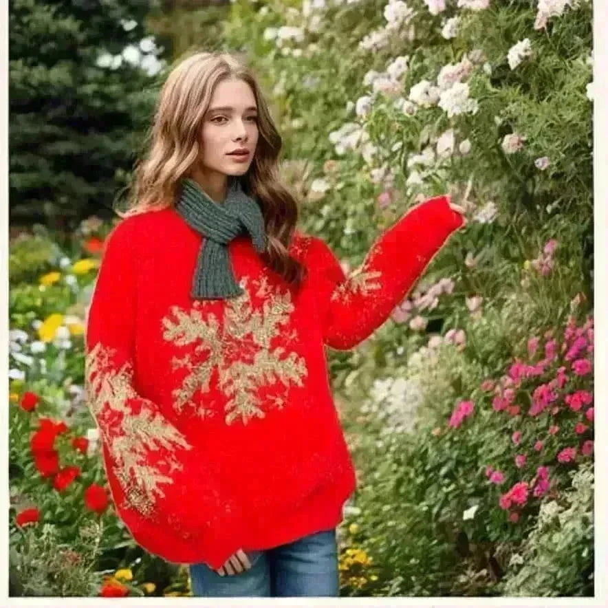 Christmas Deer Snowflakes Knit Sweater Pullover Round Neck Christmas Elk - EX-STOCK CANADA