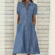 Women's European And American Lapel Casual loose button down Midi Denim jeans Mum Dress - EX-STOCK CANADA