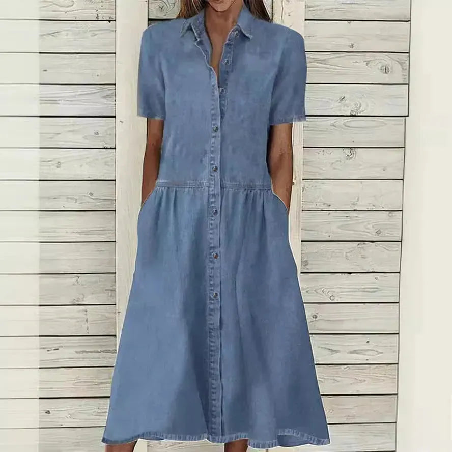 Women's European And American Lapel Casual loose button down Midi Denim jeans Mum Dress - EX-STOCK CANADA