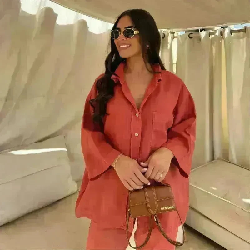 Casual Women Wide Leg Pants Long Sleeves Shirt Sets Ladies Loose High Street 2 Piece Outfits Pant co ords for Women Trouser co ords for Women - EX-STOCK CANADA