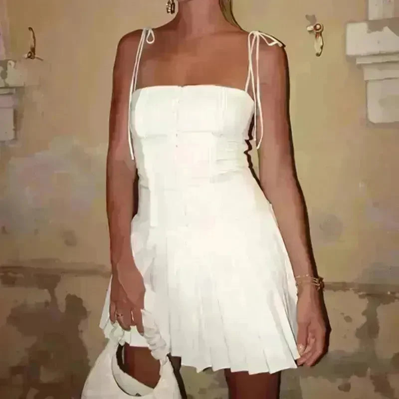 Summer Strappy Suspender Corset Dress French Style Slim Single Breasted Bodycon Pleated Skirt Party Dresses For Women Mini Skater White Dress for Chic Ladies - EX-STOCK CANADA
